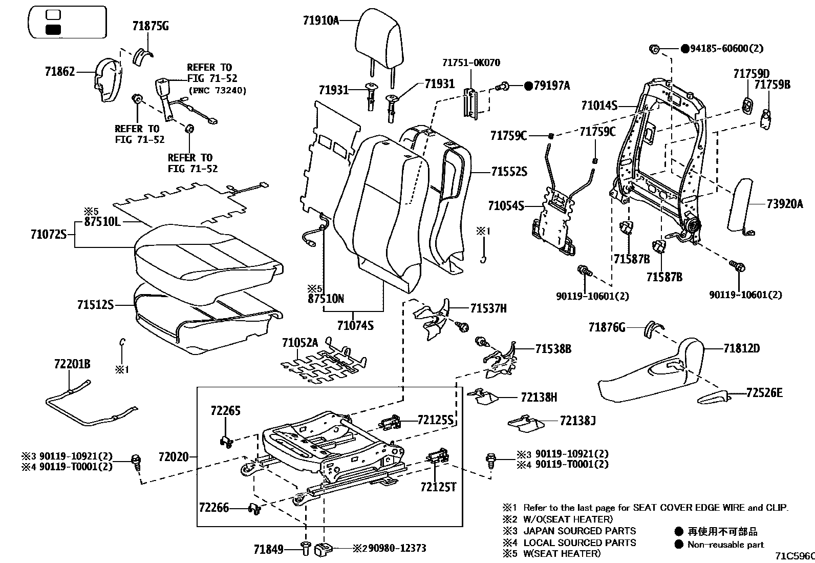 Toyota HILUX 座椅和座椅滑轨 EPC diagram — 71C596C