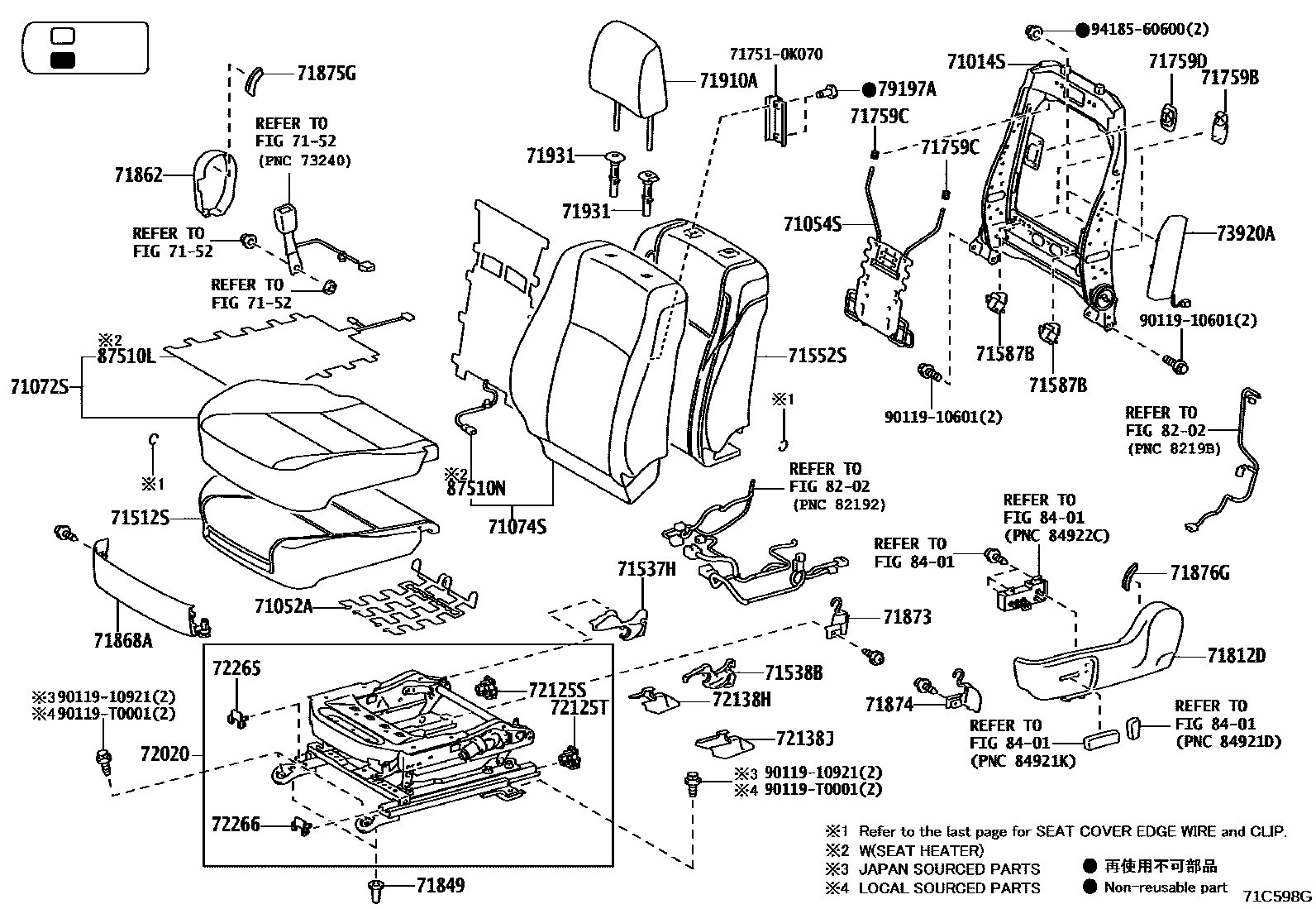Toyota HILUX 座椅和座椅滑轨 EPC diagram — 71C598G