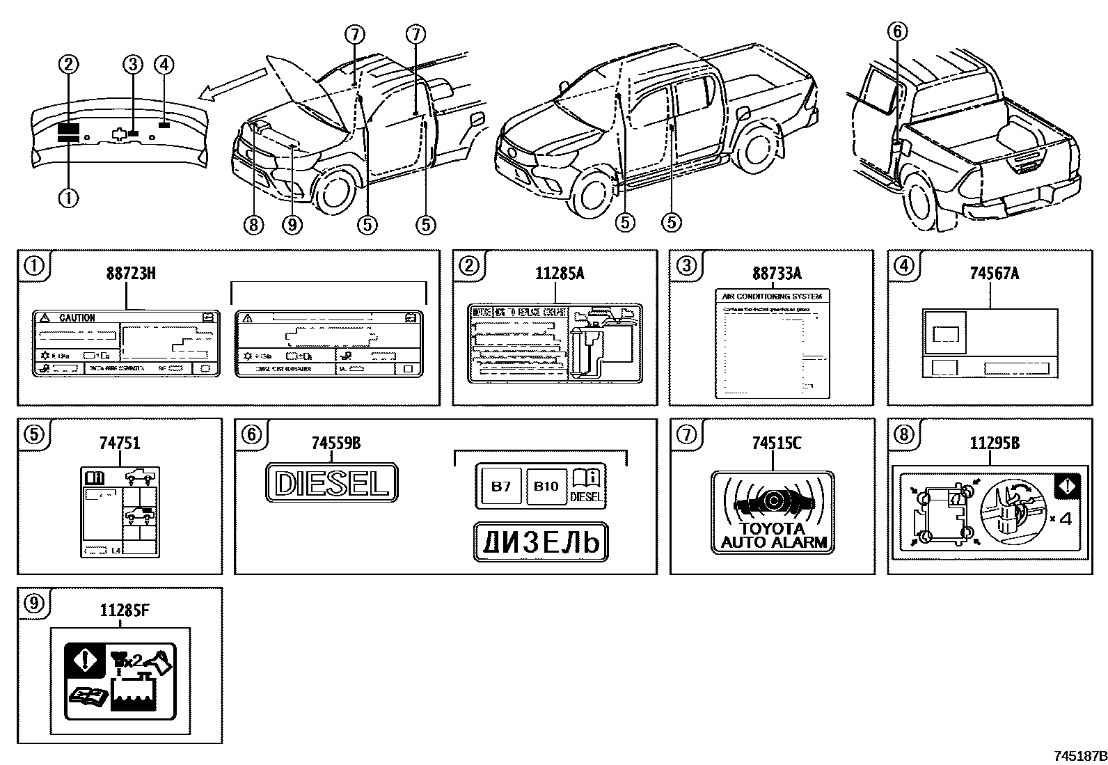 Toyota HILUX warning nameplate EPC diagram — 745187B
