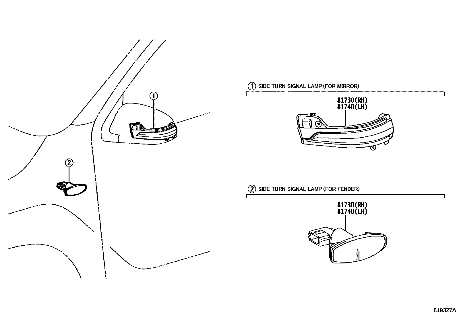 Toyota HILUX Side Turn Signal & Outer Mirror Lamp EPC diagram — 819327A