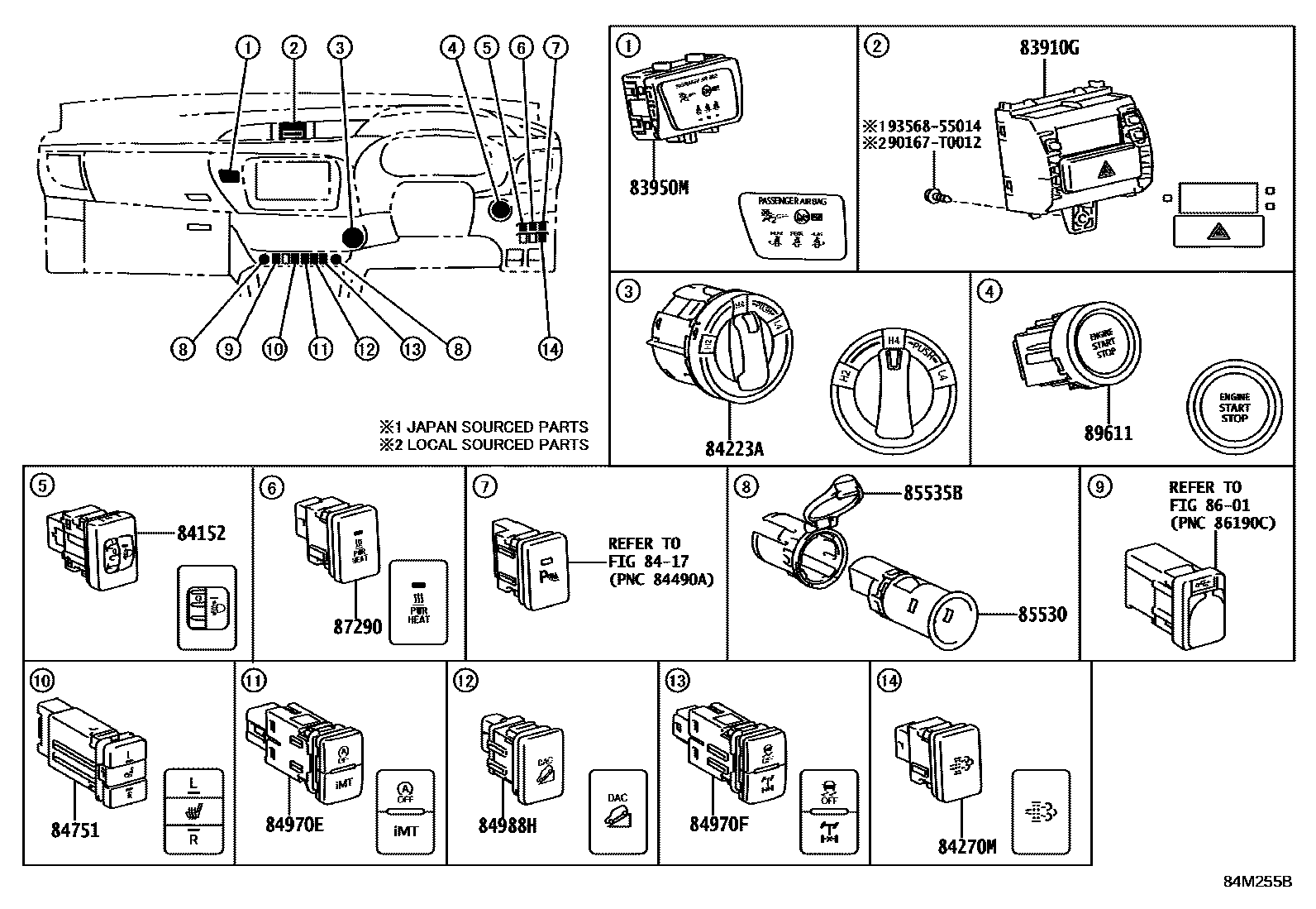 Toyota HILUX 开关和继电器和ECU EPC diagram — 84M255B