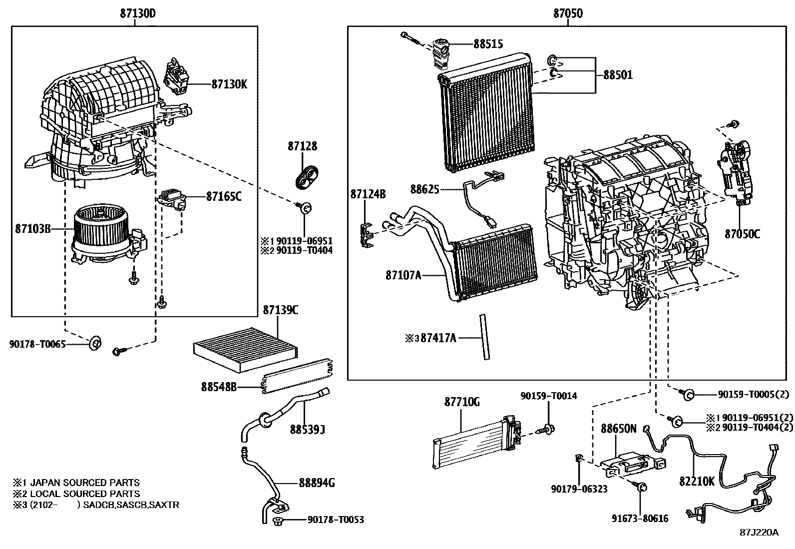 Toyota HILUX 暖风和空调系统 - 冷却器组件 EPC diagram — 87J220A