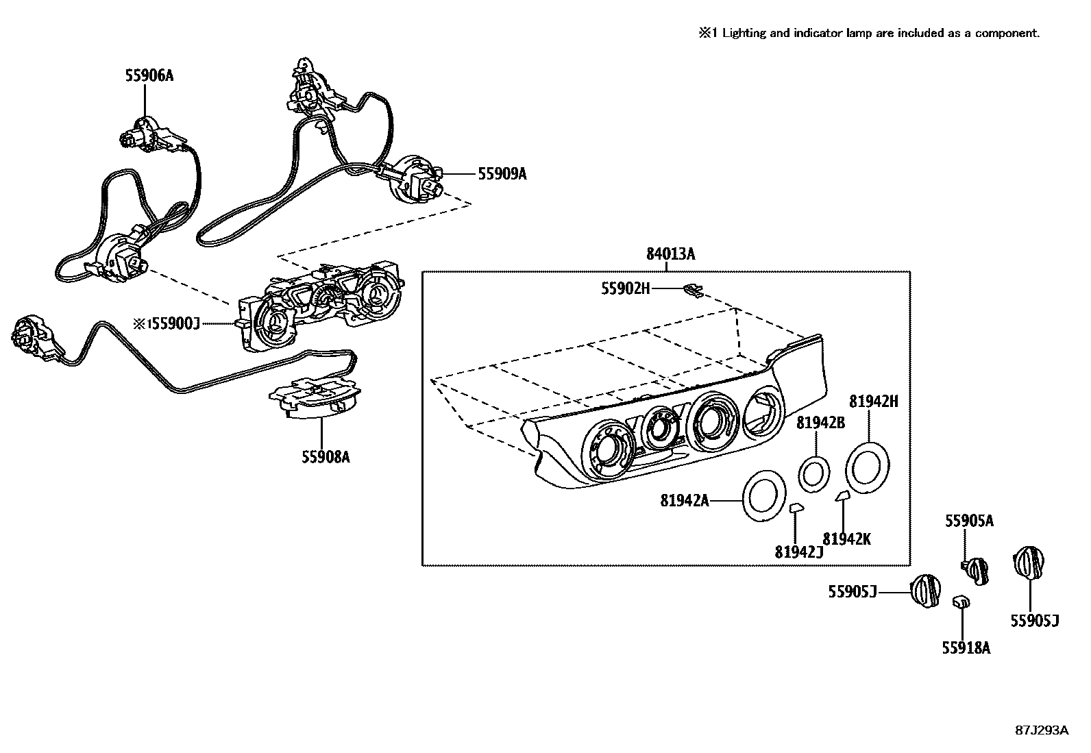 Toyota HILUX 暖风和空调系统 - 控制器和风管 EPC diagram — 87J293A