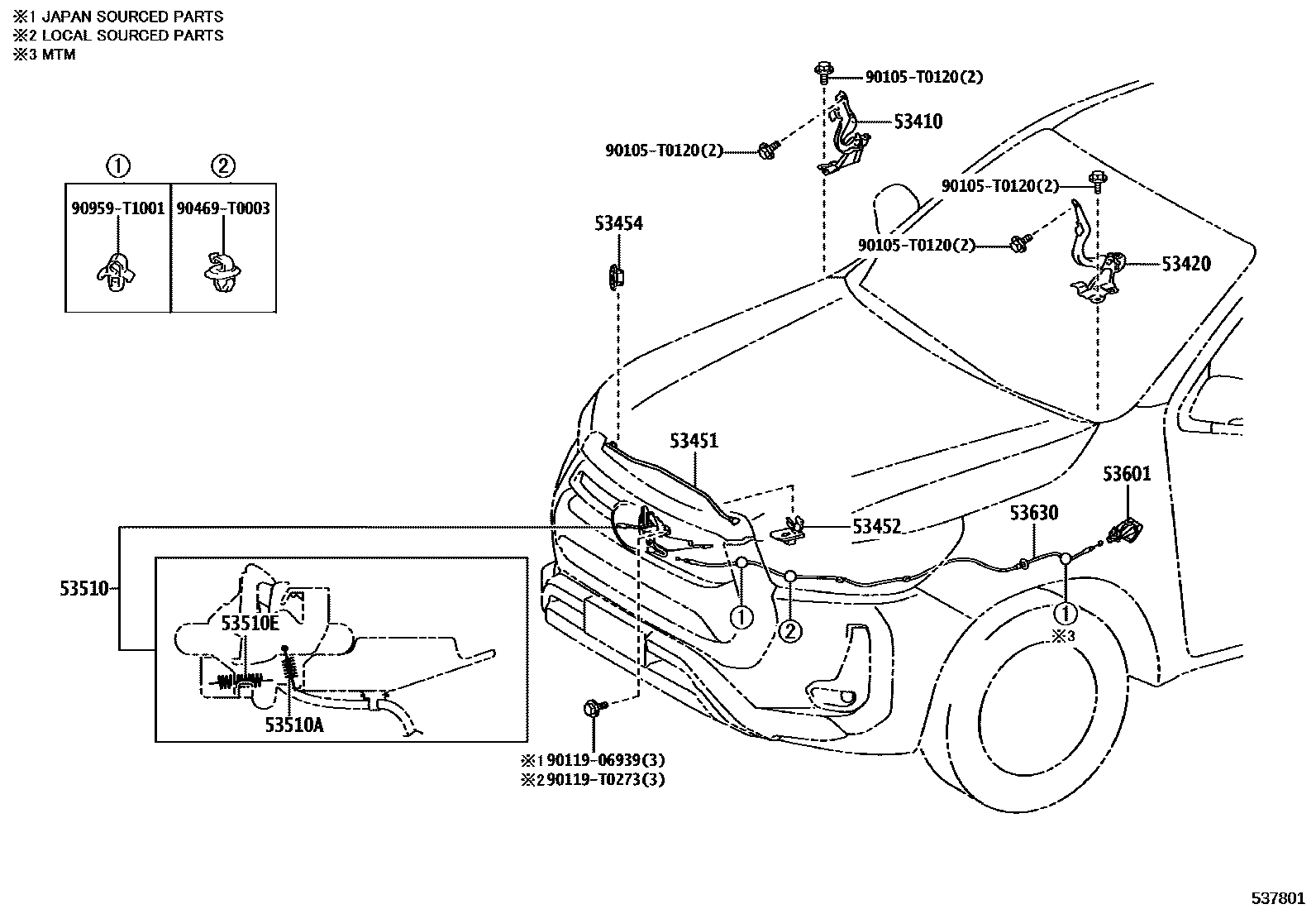 Toyota HILUX 发动机盖锁和铰链 EPC diagram — 537801