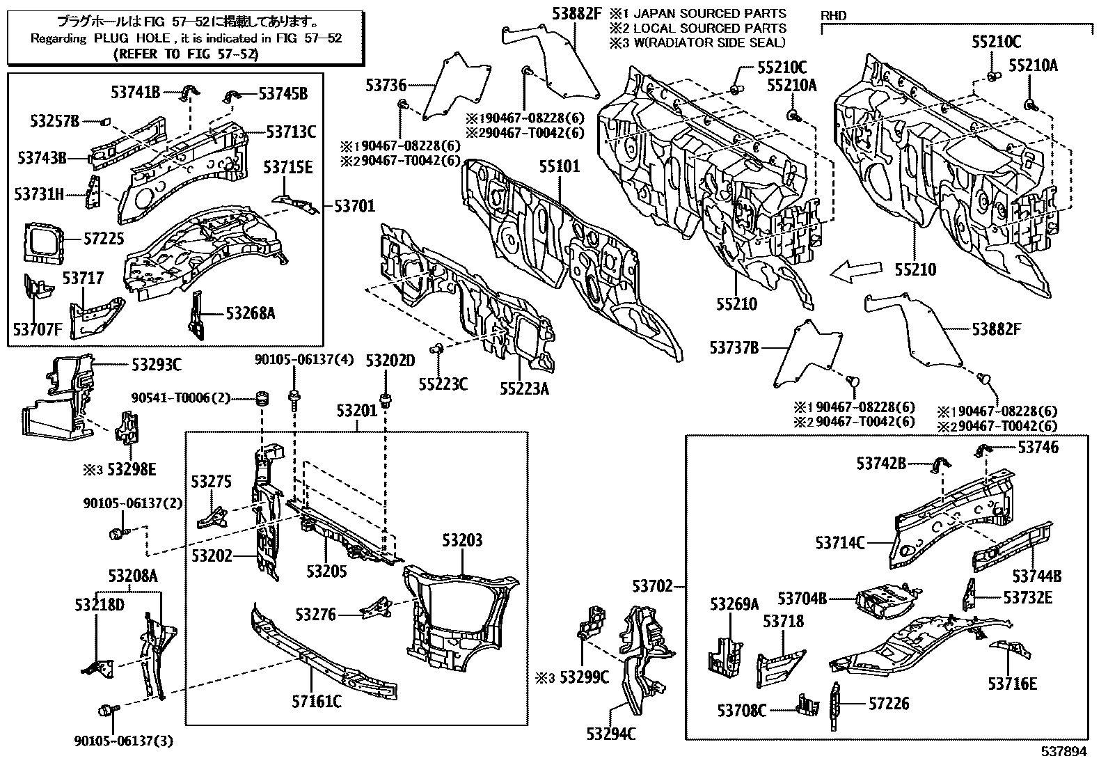 Toyota HILUX 前翼子板挡泥板和前围板 EPC diagram — 537894