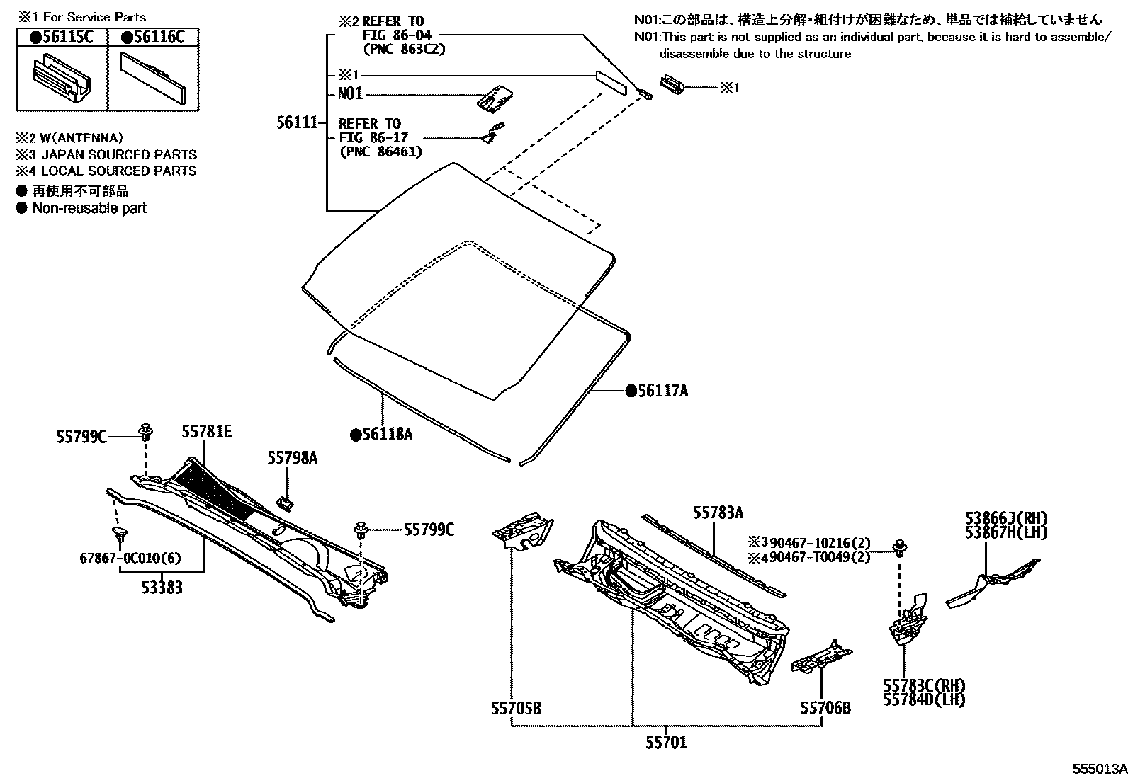 Toyota HILUX 前围板和挡风玻璃 EPC diagram — 555013A