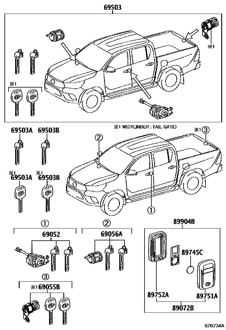 Toyota HILUX 锁芯组件 EPC diagram — 67B734A