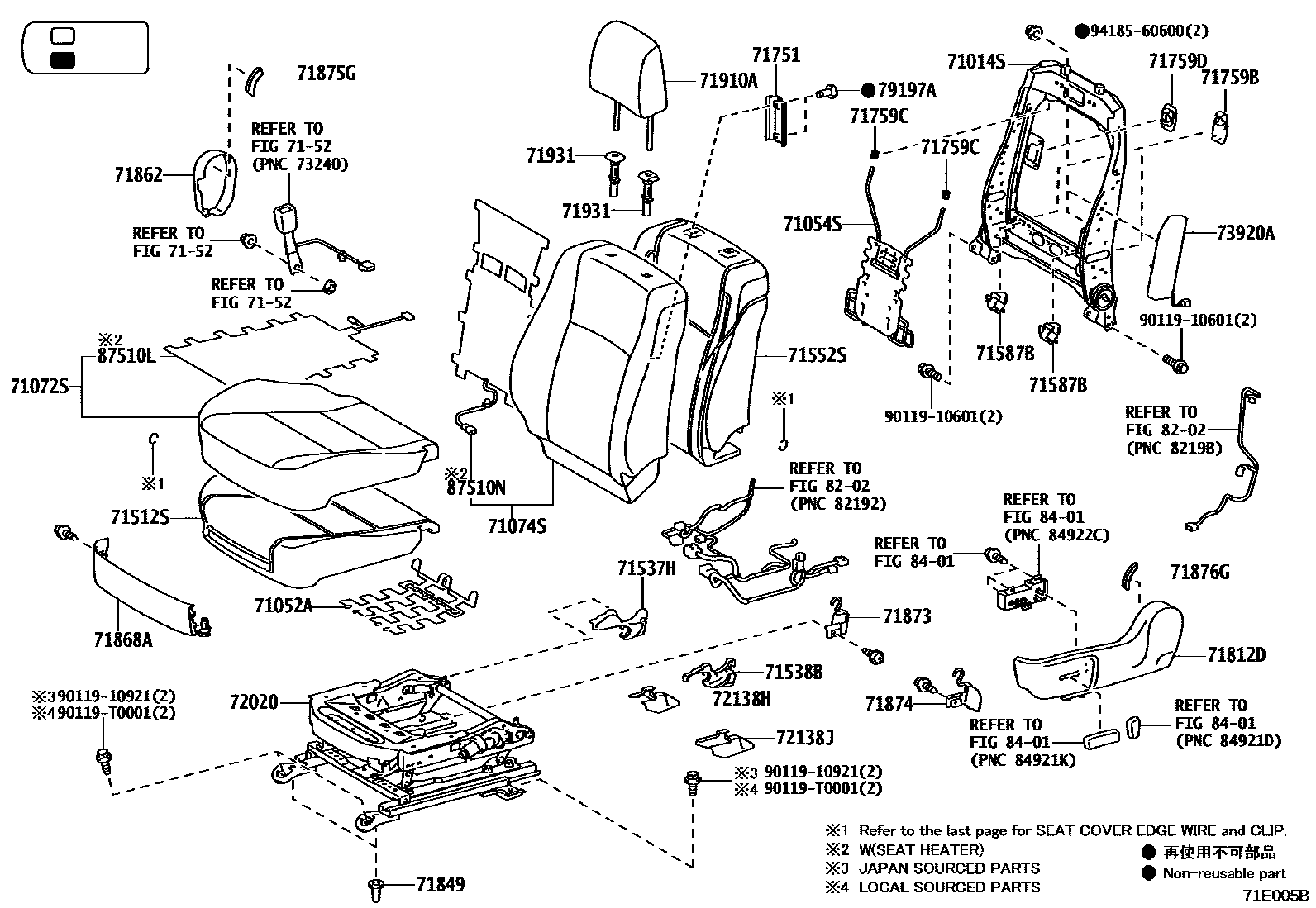Toyota HILUX 座椅和座椅滑轨 EPC diagram — 71E005B