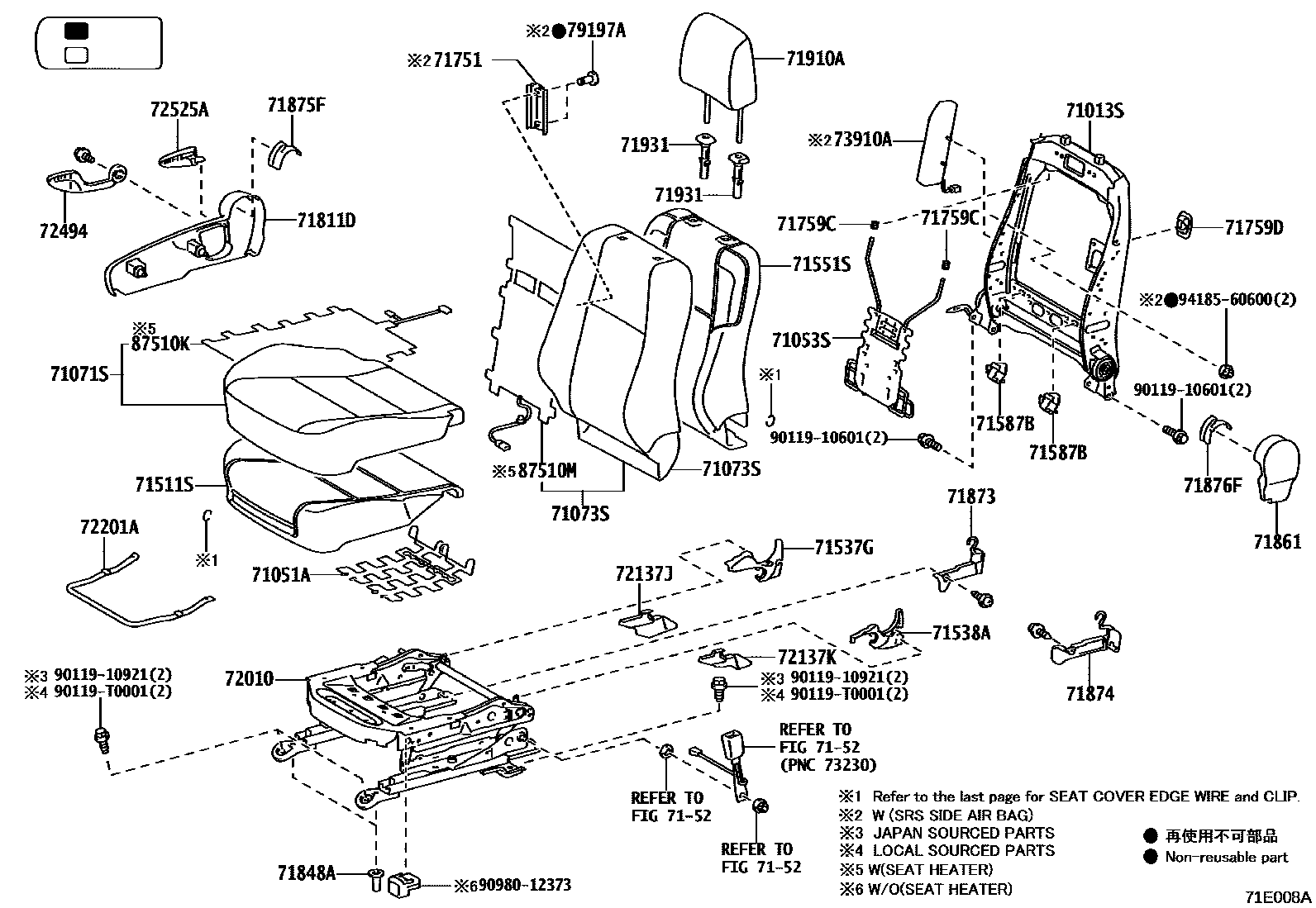 Toyota HILUX 座椅和座椅滑轨 EPC diagram — 71E008A
