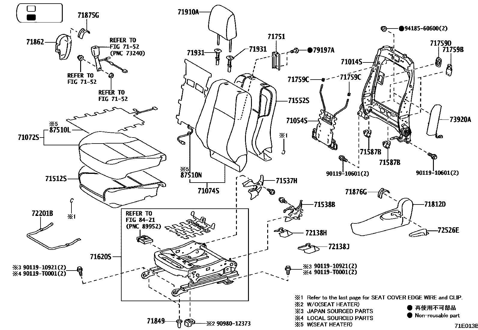Toyota HILUX 座椅和座椅滑轨 EPC diagram — 71E013B