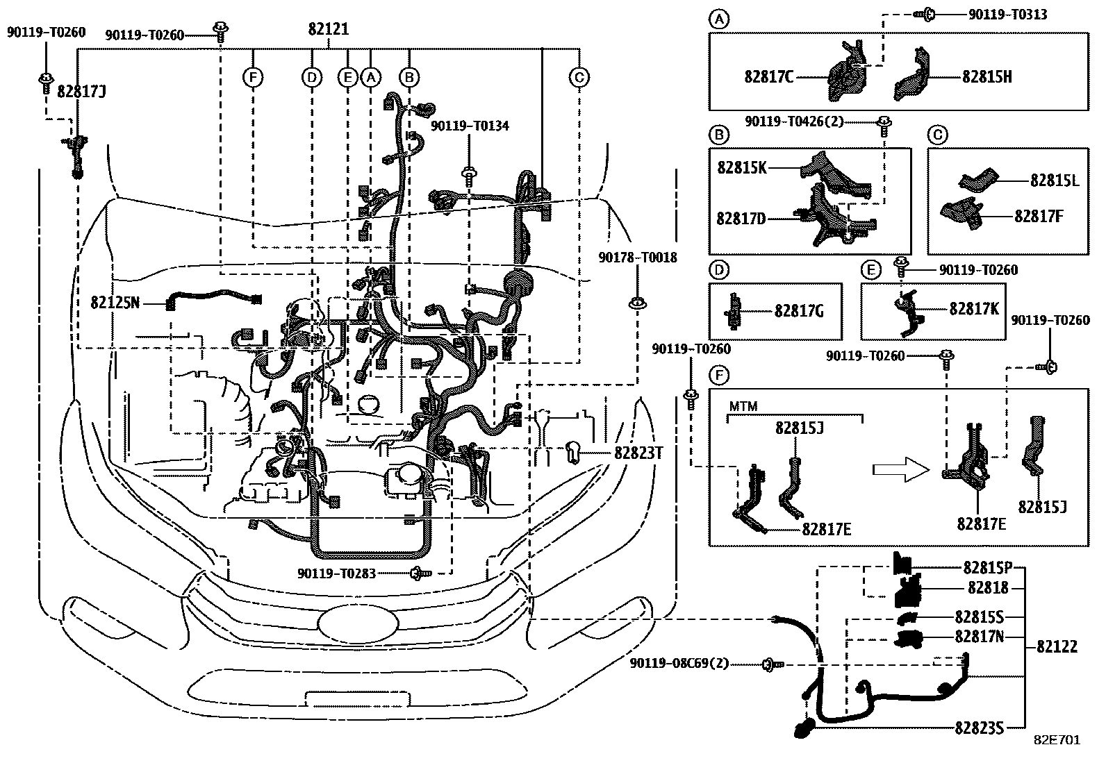 Toyota HILUX 线束和卡夹 EPC diagram — 82E701