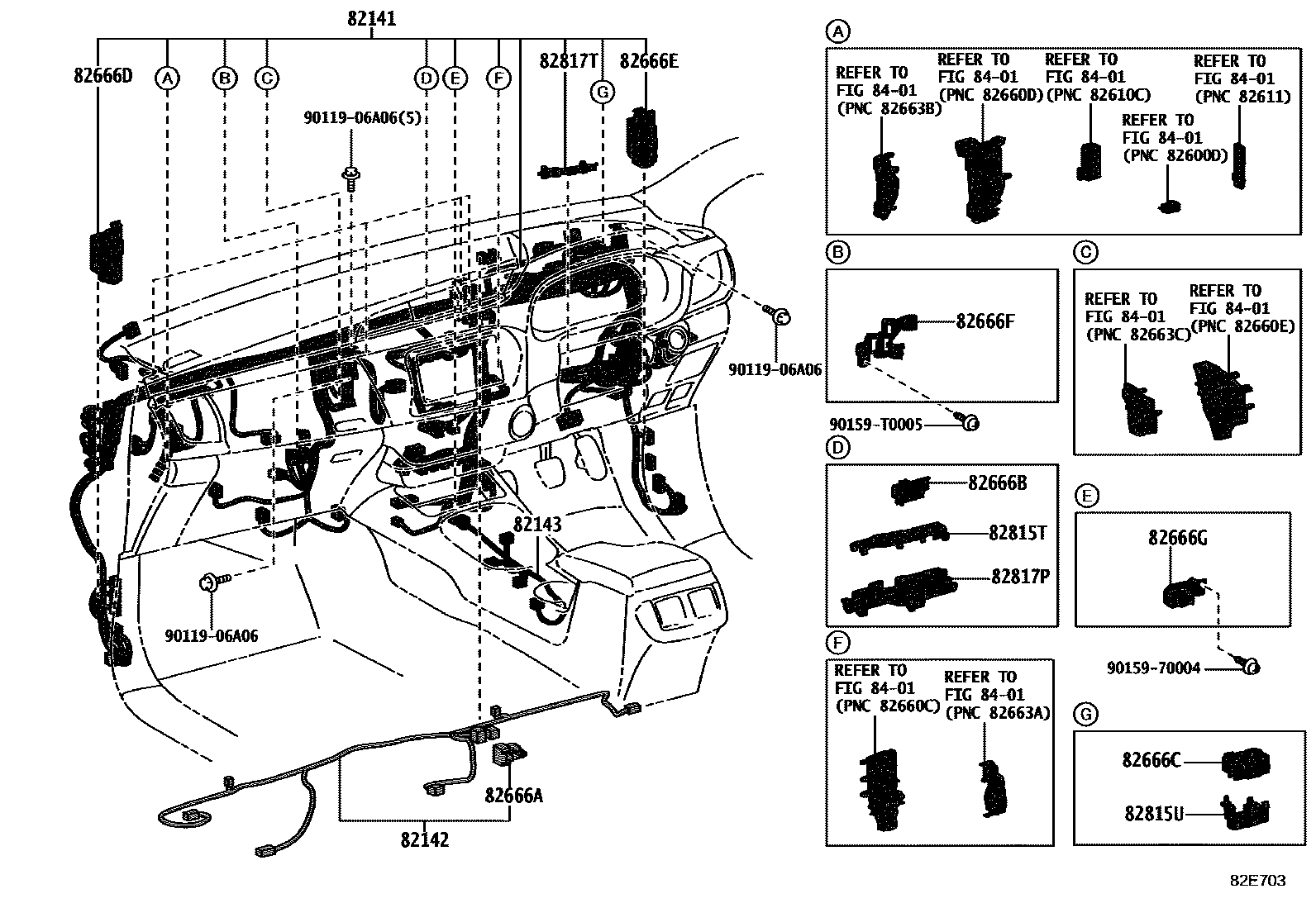 Toyota HILUX 线束和卡夹 EPC diagram — 82E703