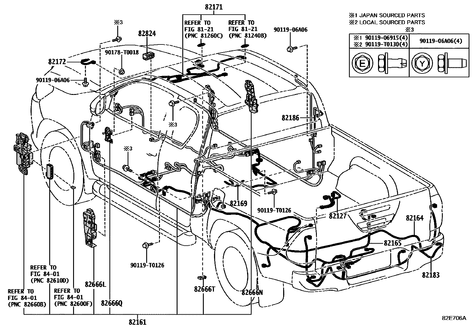 Toyota HILUX 线束和卡夹 EPC diagram — 82E706A
