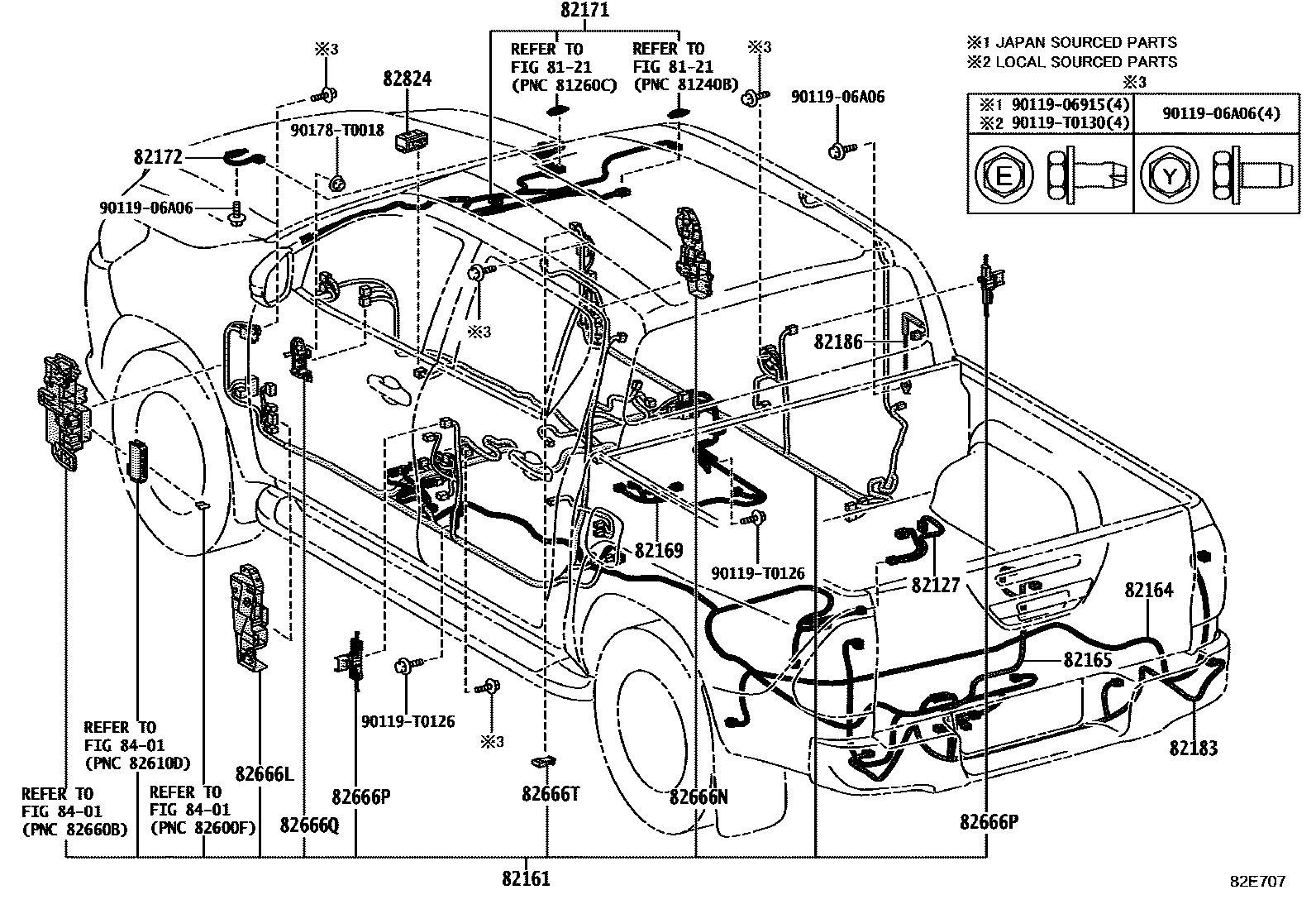 Toyota HILUX 线束和卡夹 EPC diagram — 82E707