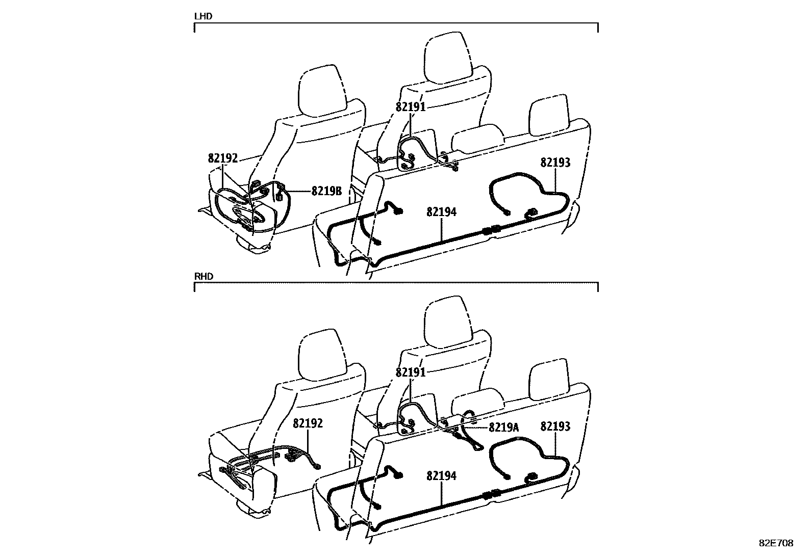 Toyota HILUX 线束和卡夹 EPC diagram — 82E708