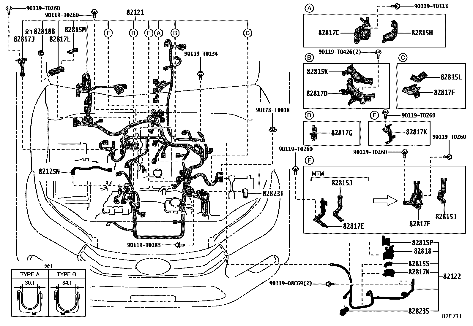 Toyota HILUX 线束和卡夹 EPC diagram — 82E711