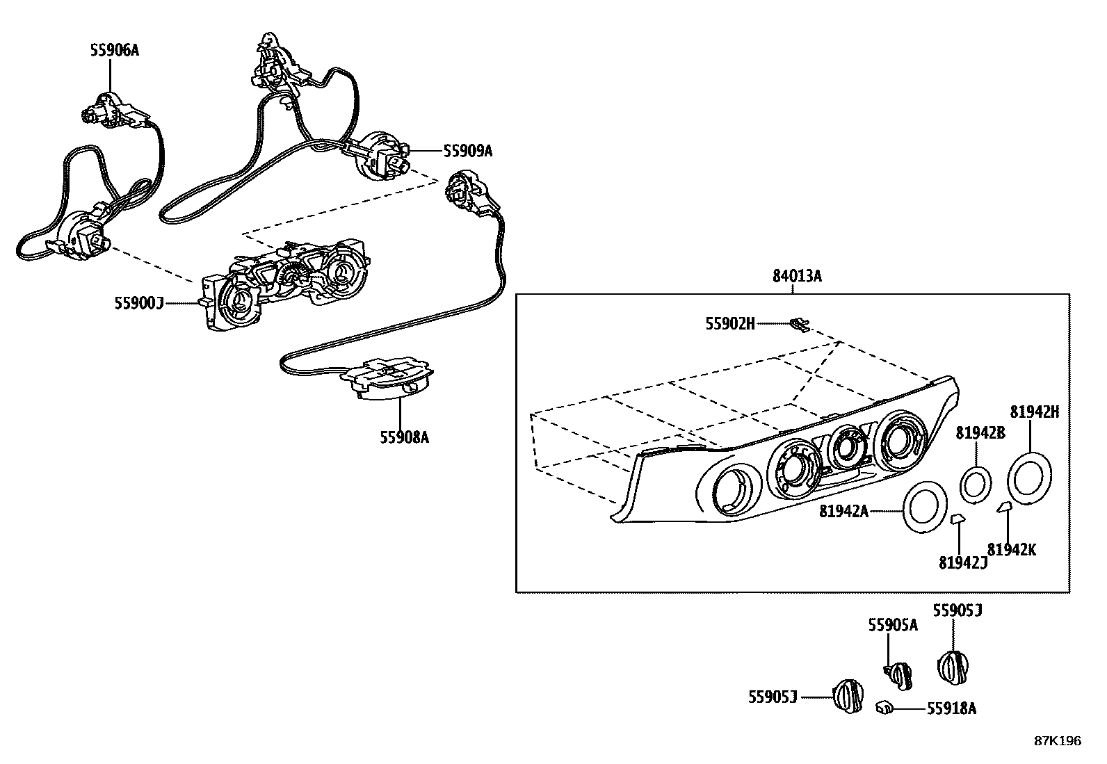Toyota HILUX 暖风和空调系统 - 控制器和风管 EPC diagram — 87K196