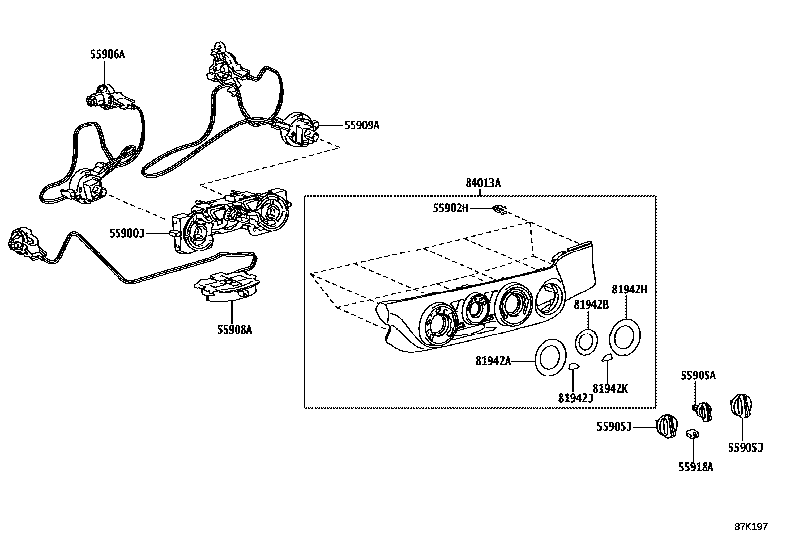 Toyota HILUX 暖风和空调系统 - 控制器和风管 EPC diagram — 87K197
