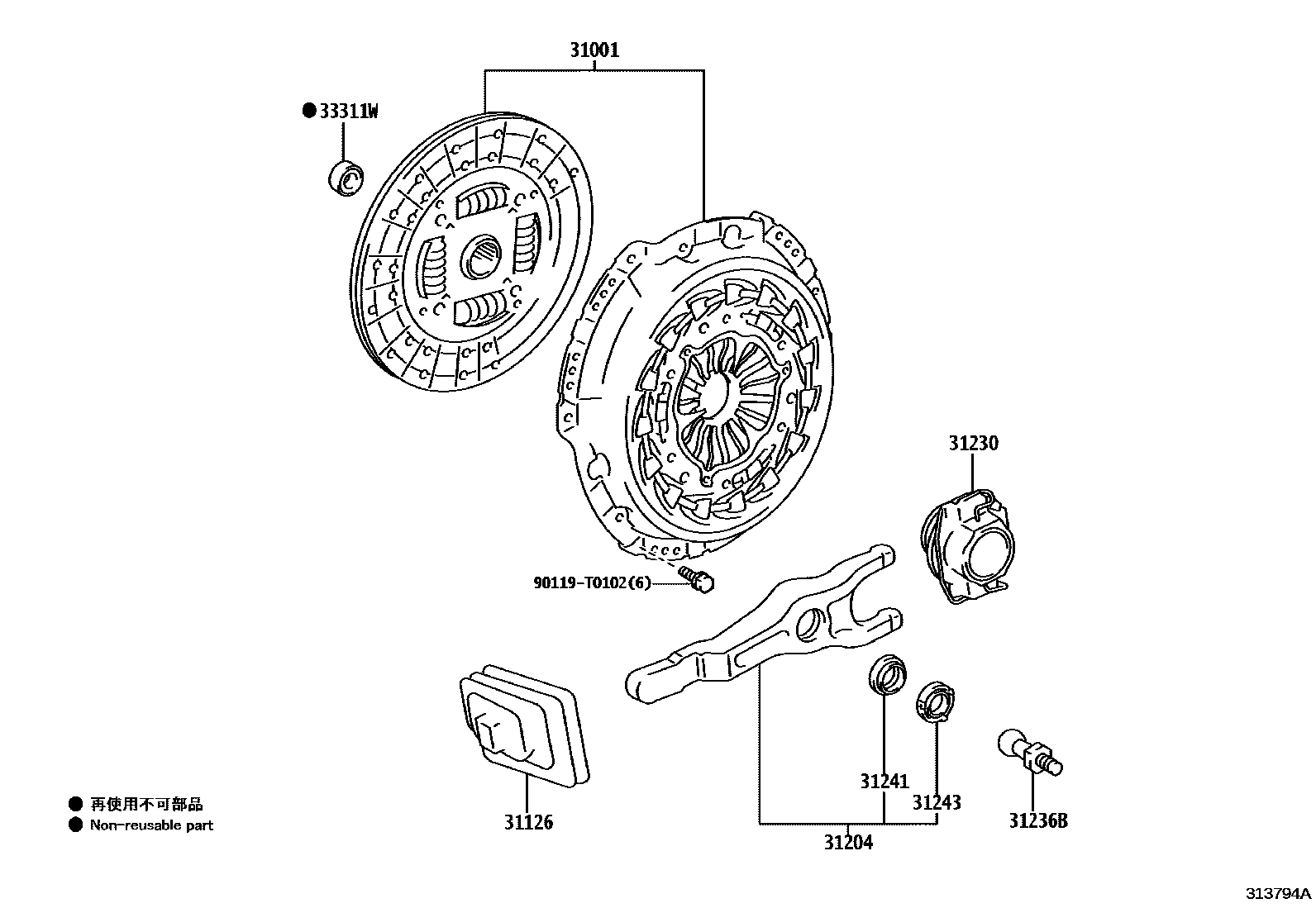 Toyota HILUX 离合器和分离叉 EPC diagram — 313794A