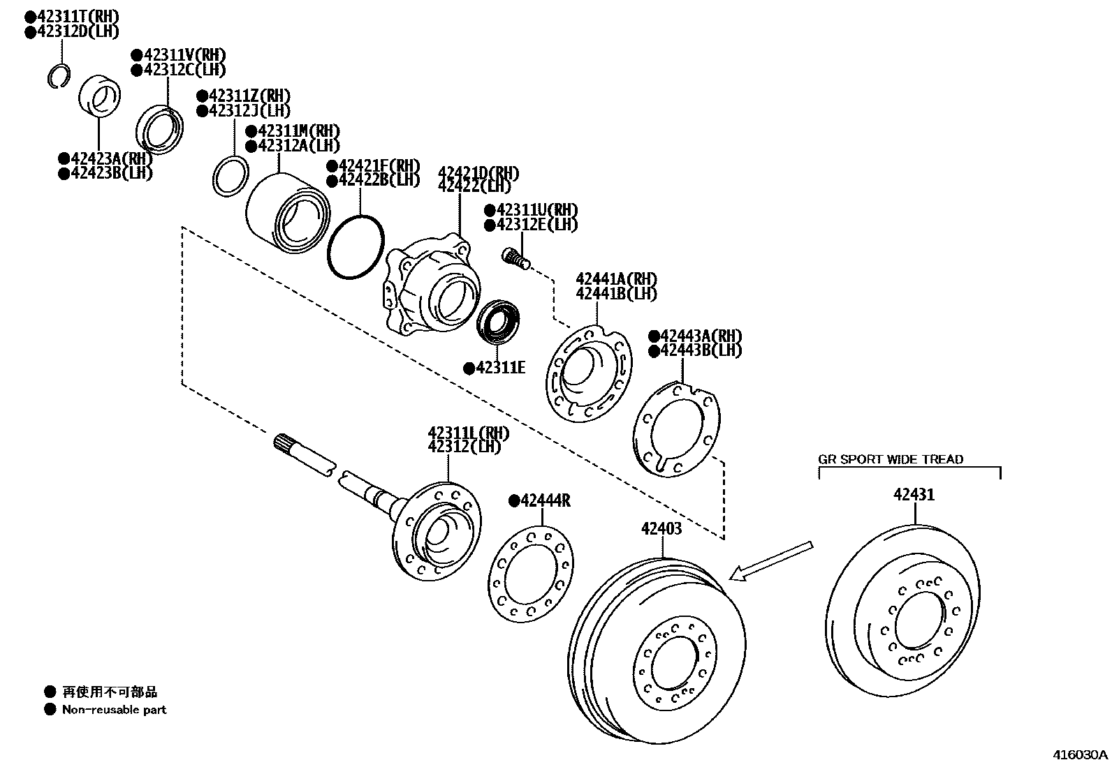 Toyota HILUX 后桥半轴和后桥轮毂 EPC diagram — 416030A