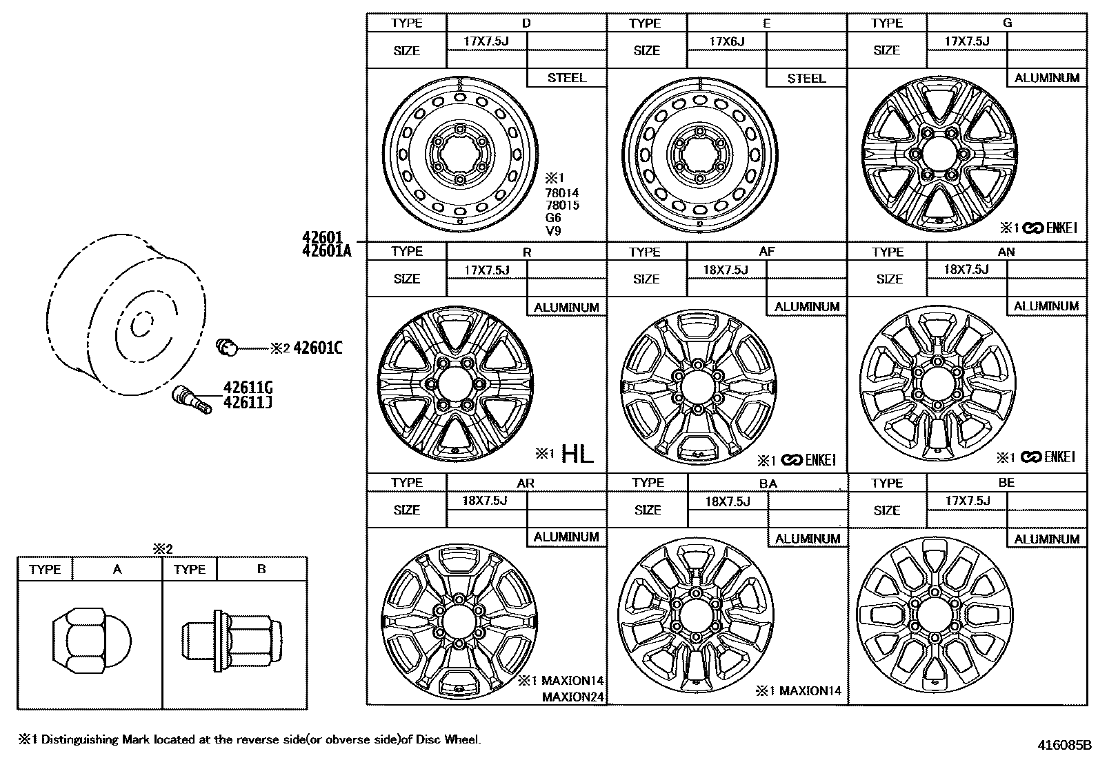 Toyota HILUX 车轮和车轮盖 EPC diagram — 416085B