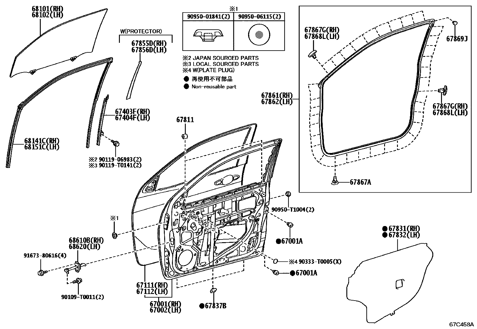 Toyota HILUX 前门板和前门玻璃 EPC diagram — 67C458A