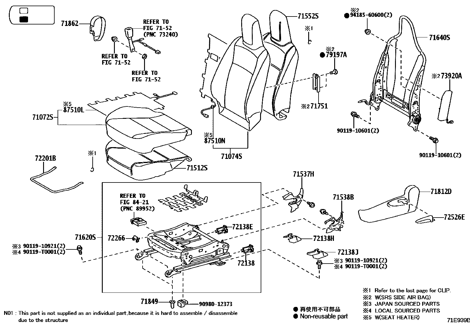 Toyota HILUX 座椅和座椅滑轨 EPC diagram — 71E939B
