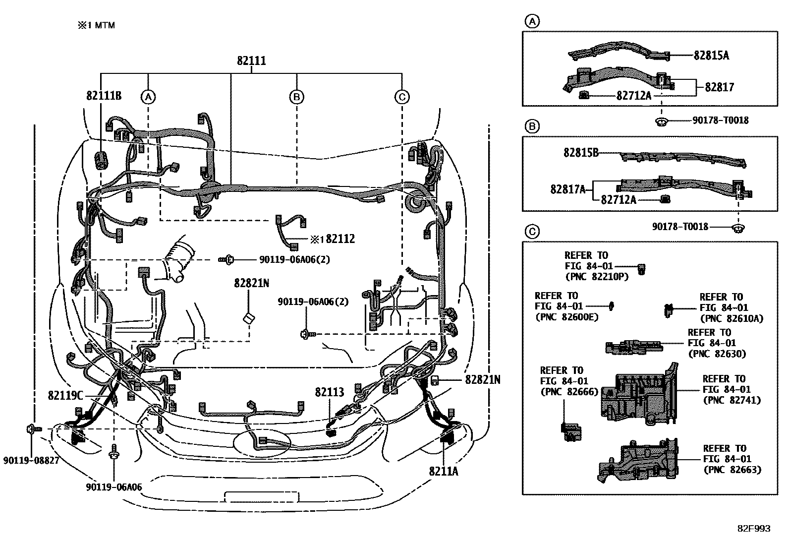 Toyota HILUX 线束和卡夹 EPC diagram — 82F993