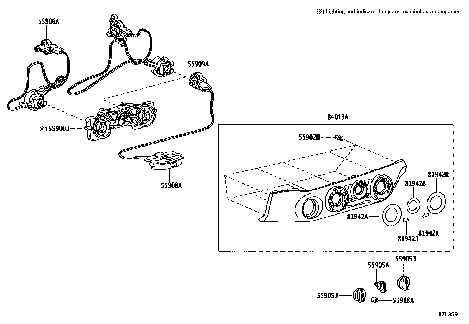 Toyota HILUX 暖风和空调系统 - 控制器和风管 EPC diagram — 87L359