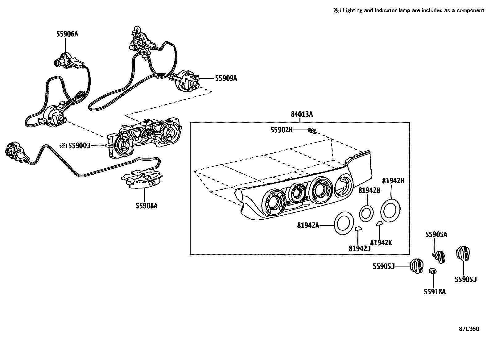 Toyota HILUX 暖风和空调系统 - 控制器和风管 EPC diagram — 87L360