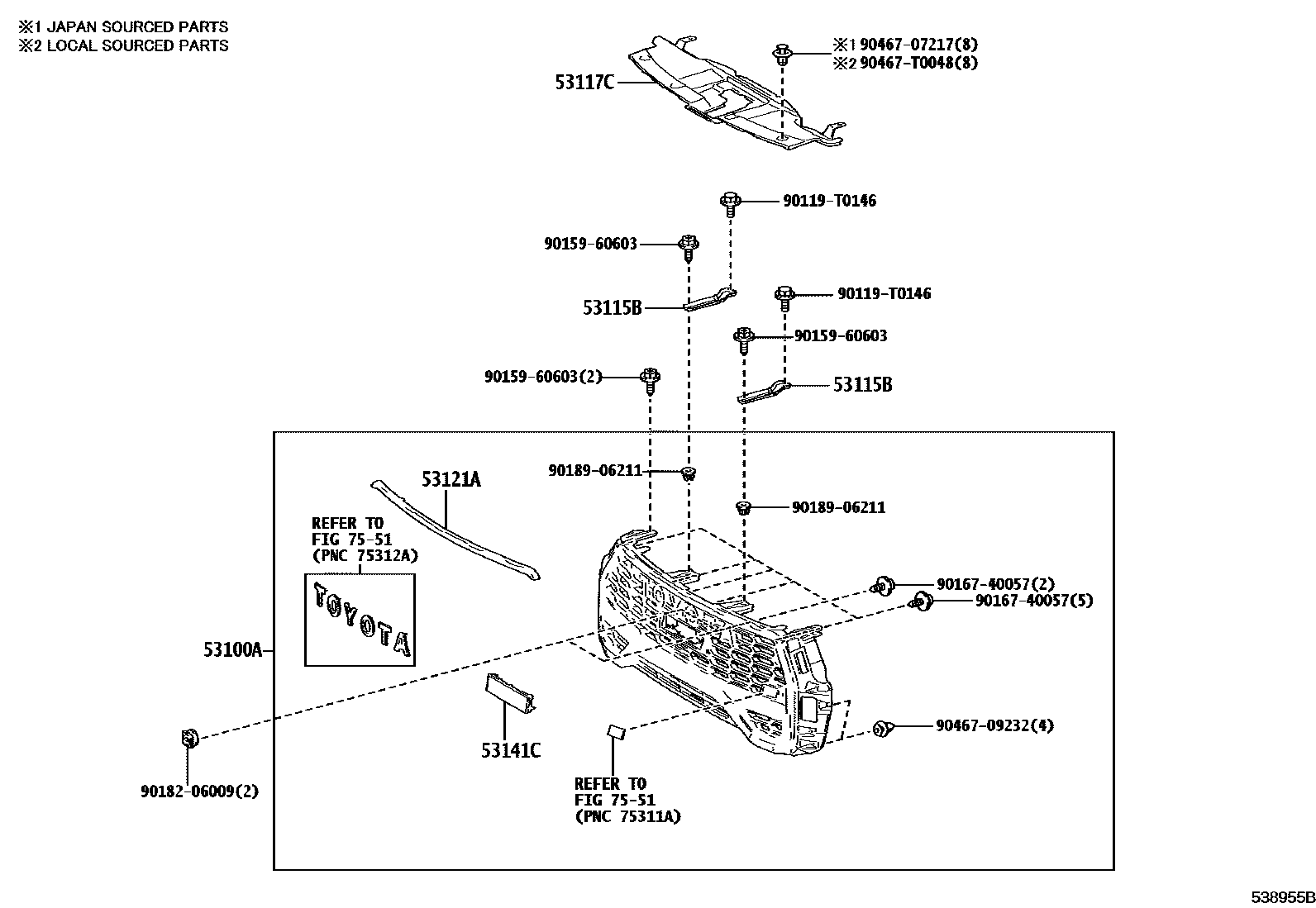 Toyota HILUX radiator grille EPC diagram — 538955B