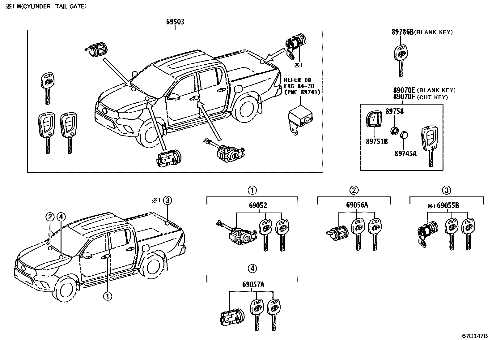 Toyota HILUX 锁芯组件 EPC diagram — 67D147B