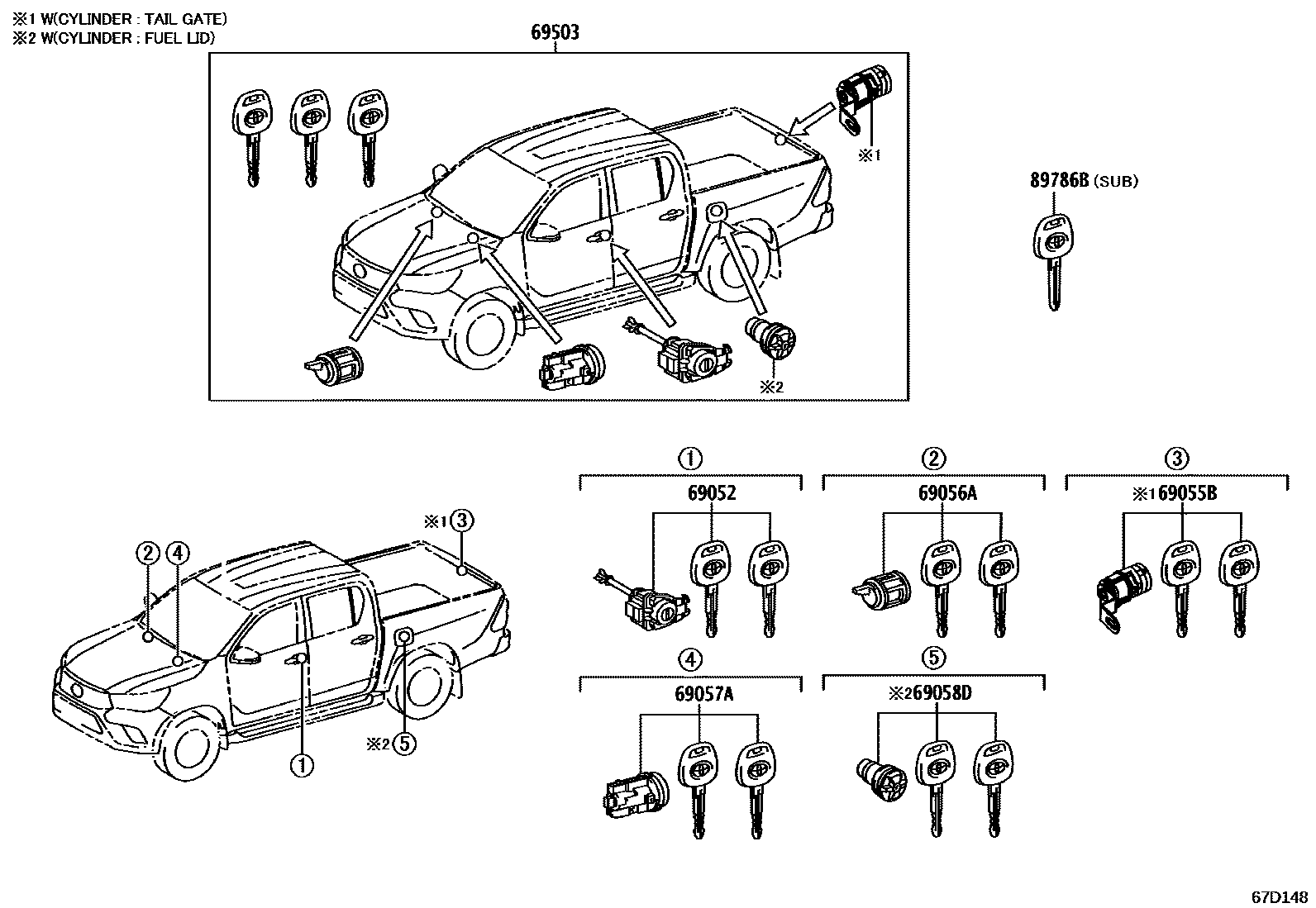 Toyota HILUX 锁芯组件 EPC diagram — 67D148A