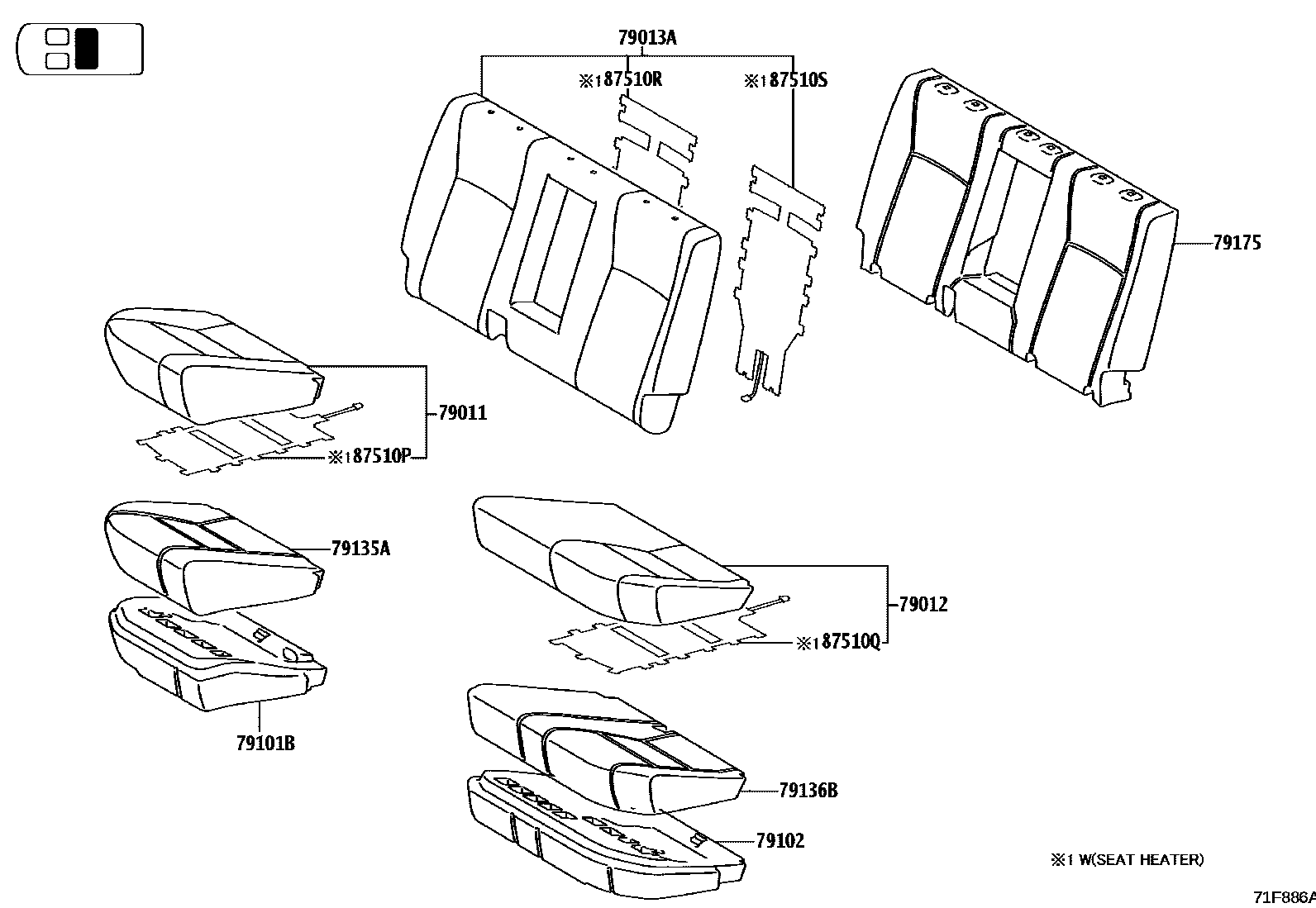 Toyota HILUX 座椅和座椅滑轨 EPC diagram — 71F886A