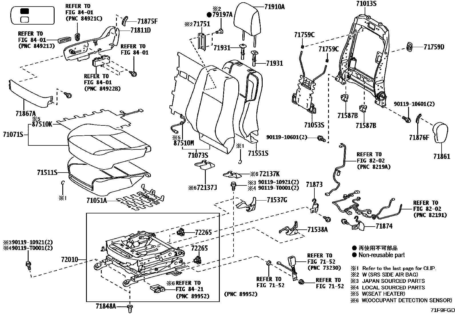 Toyota HILUX 座椅和座椅滑轨 EPC diagram — 71F9FGD