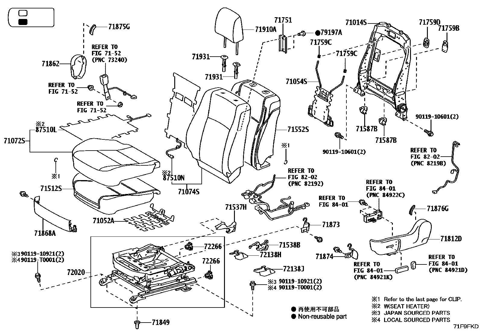 Toyota HILUX 座椅和座椅滑轨 EPC diagram — 71F9FKD