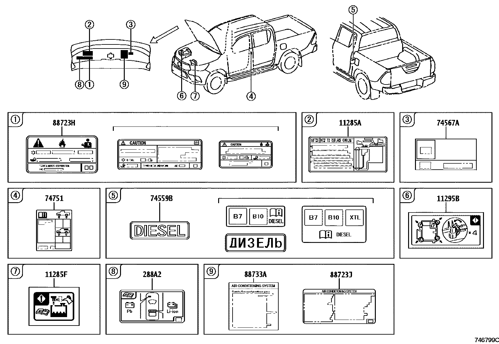 Toyota HILUX warning nameplate EPC diagram — 746799C
