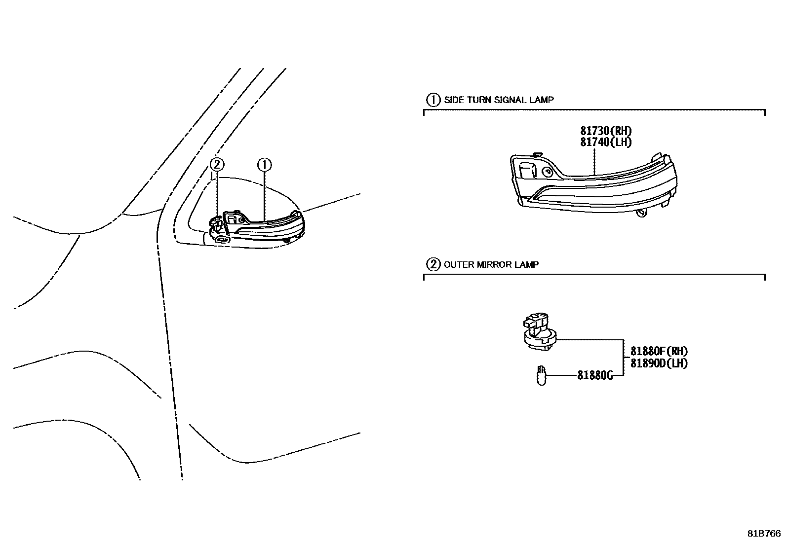 Toyota HILUX Side Turn Signal & Outer Mirror Lamp EPC diagram — 81B766