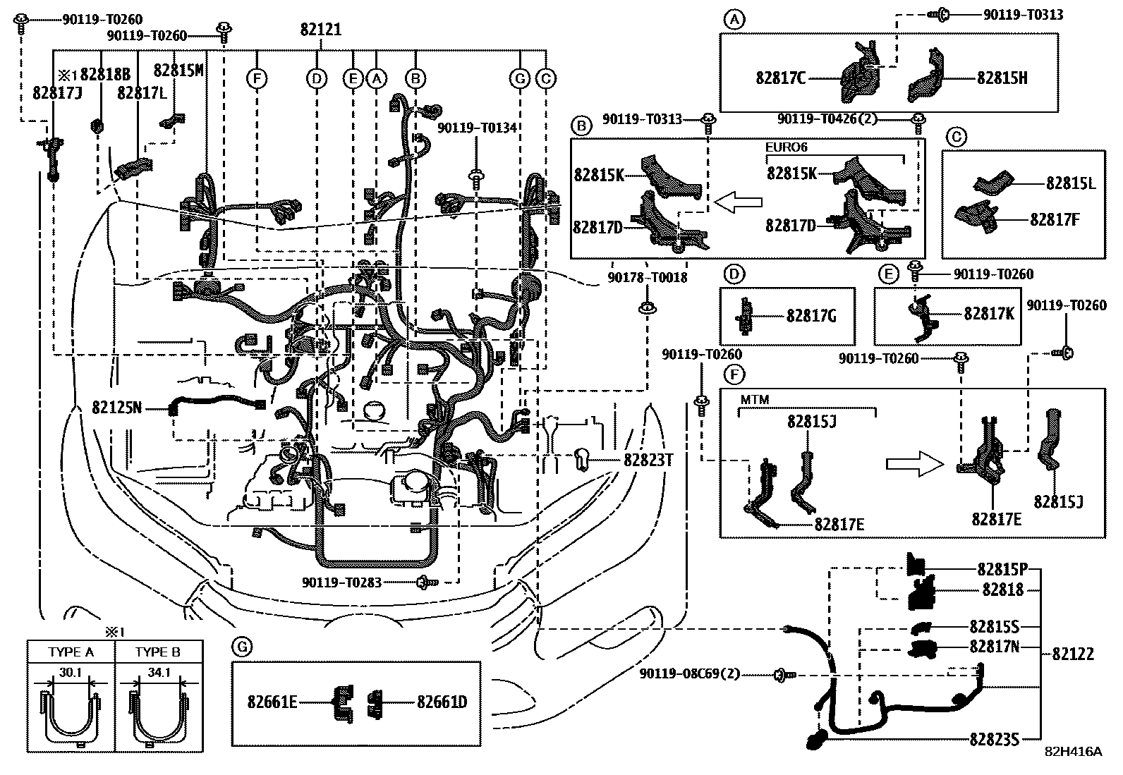 Toyota HILUX 线束和卡夹 EPC diagram — 82H416A