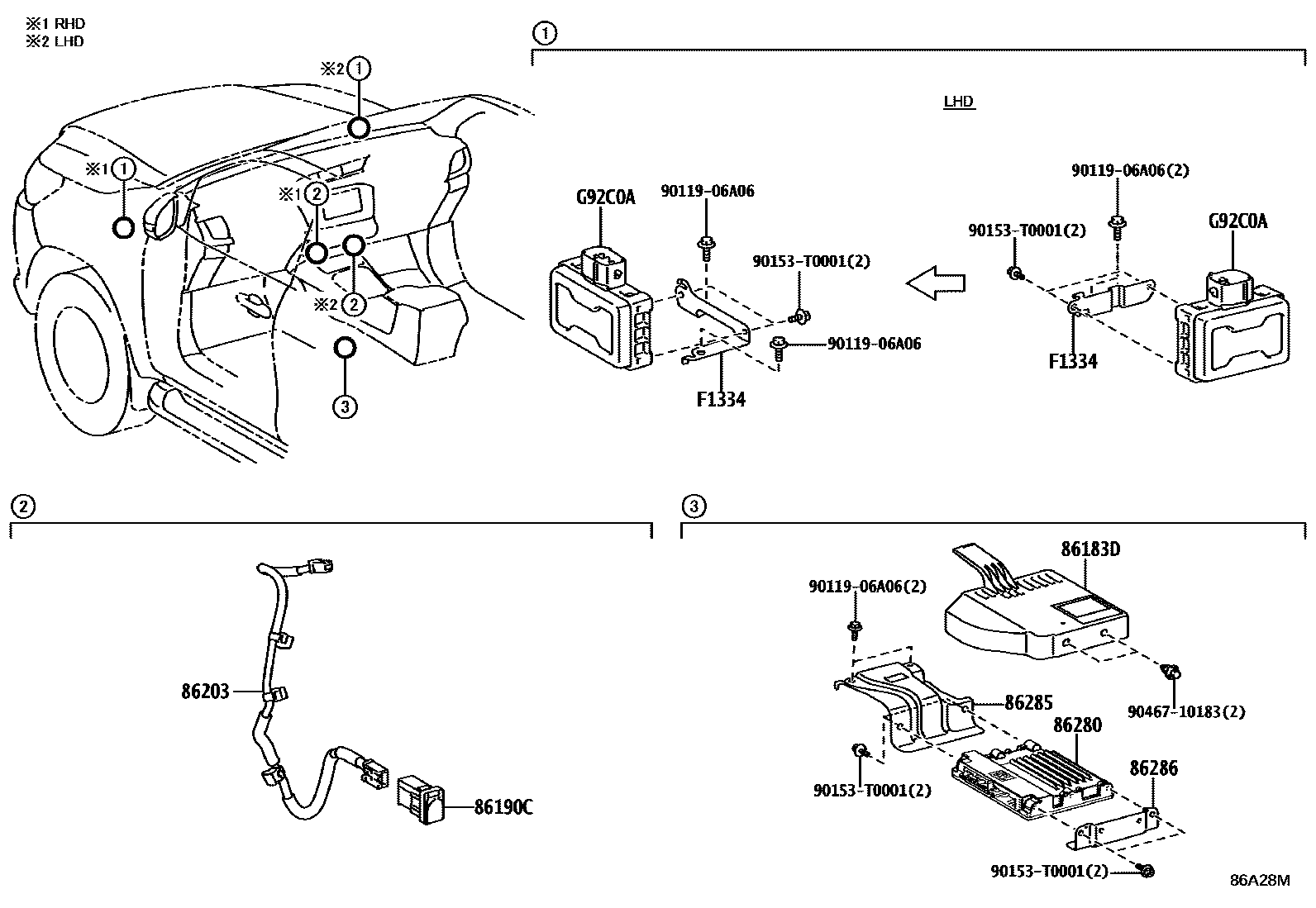 Toyota HILUX 收音机、放大器和冷凝器 EPC diagram — 86A28M