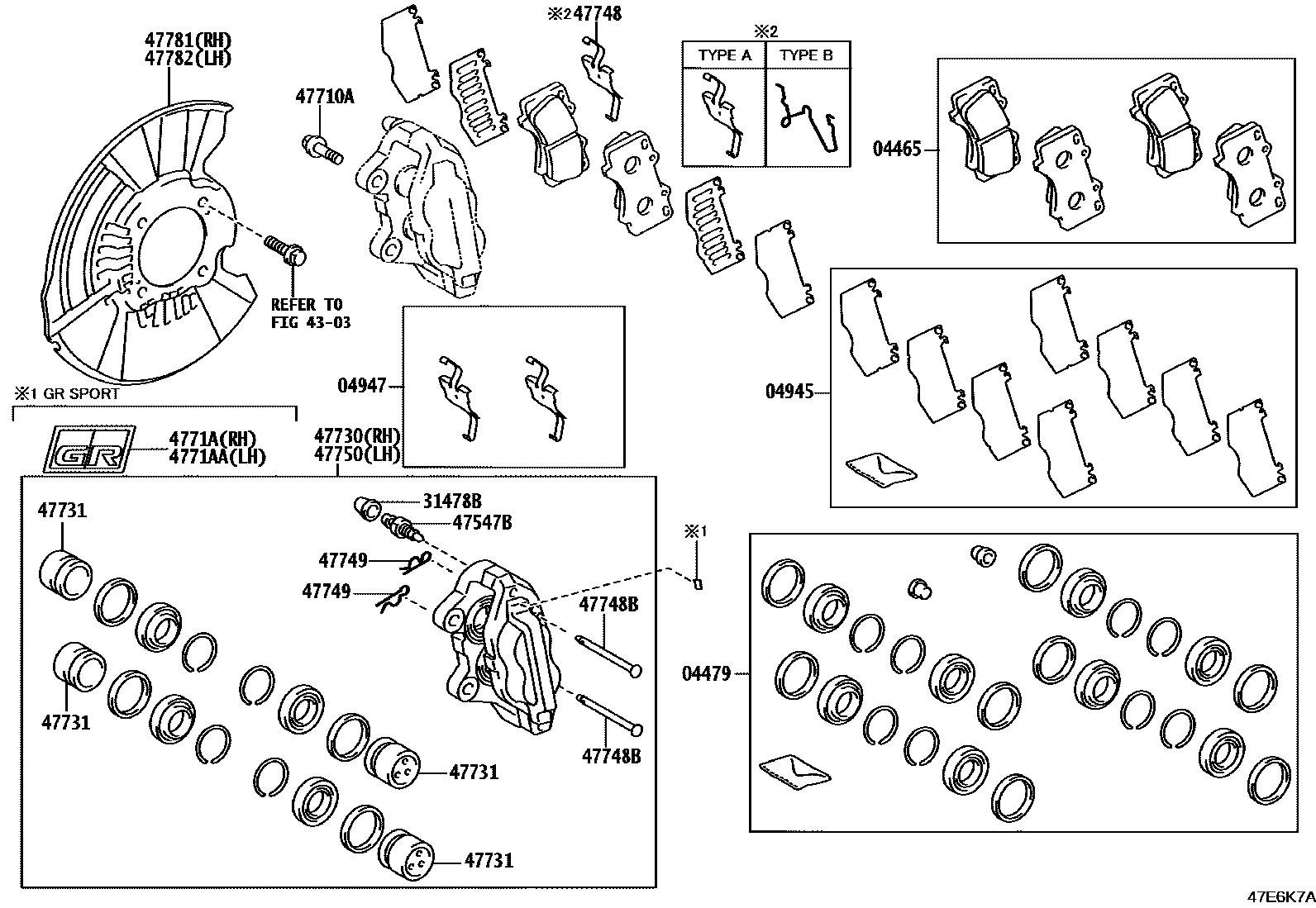 Toyota HILUX 前盘式制动器卡钳和防尘罩 EPC diagram — 47E6K7A