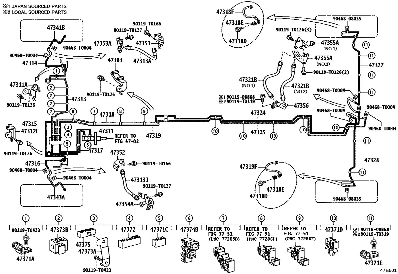Toyota HILUX 制动配管和卡箍 EPC diagram — 47E6J1
