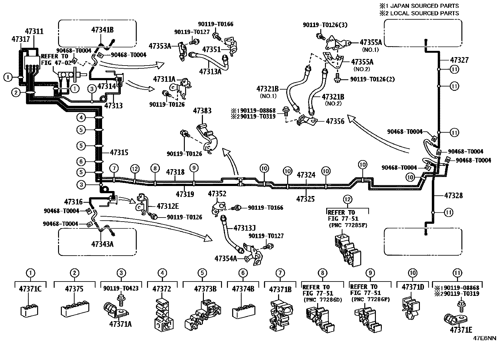 Toyota HILUX 制动配管和卡箍 EPC diagram — 47E6NN