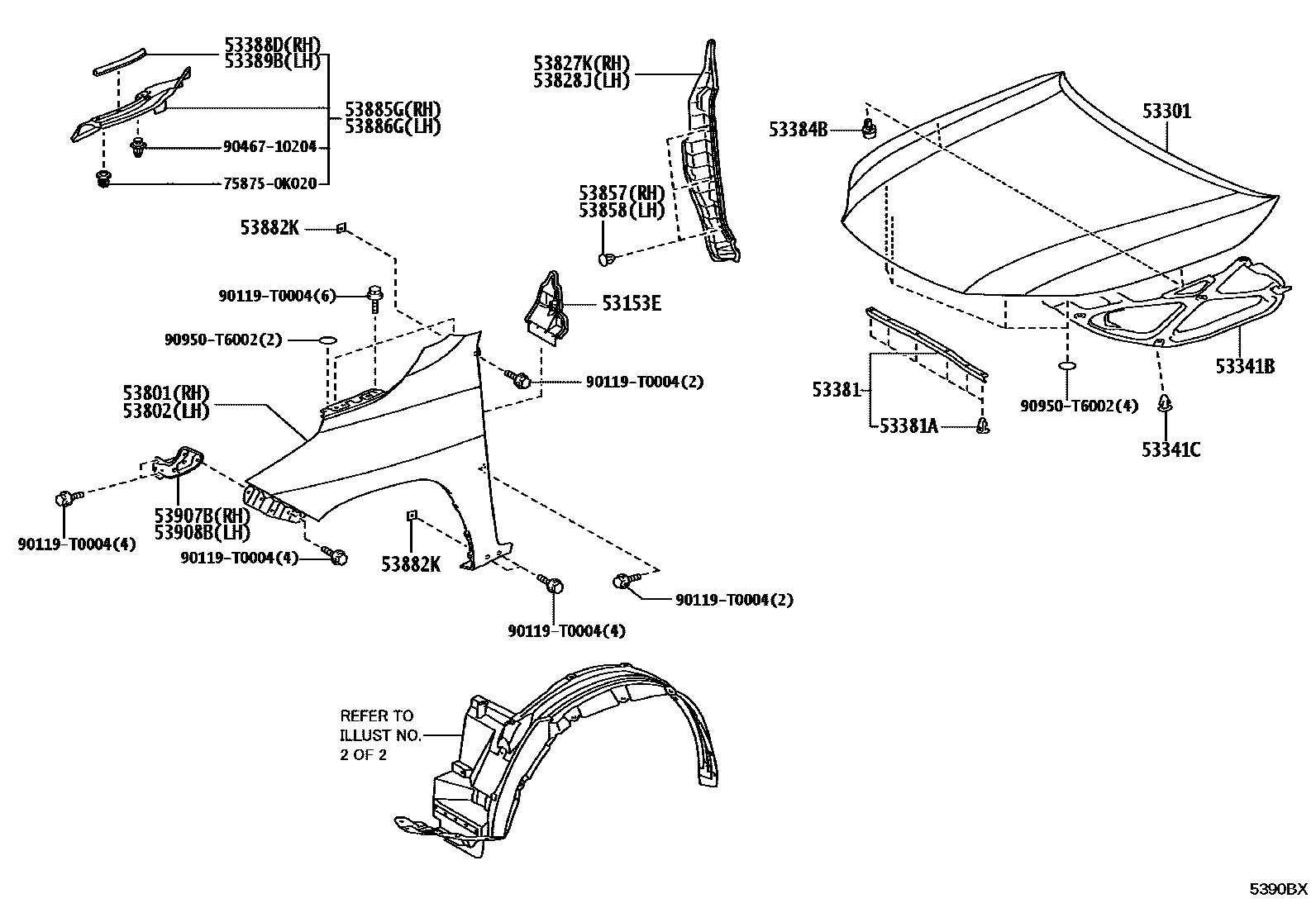 Toyota HILUX 发动机盖和前翼子板 EPC diagram — 5390BX