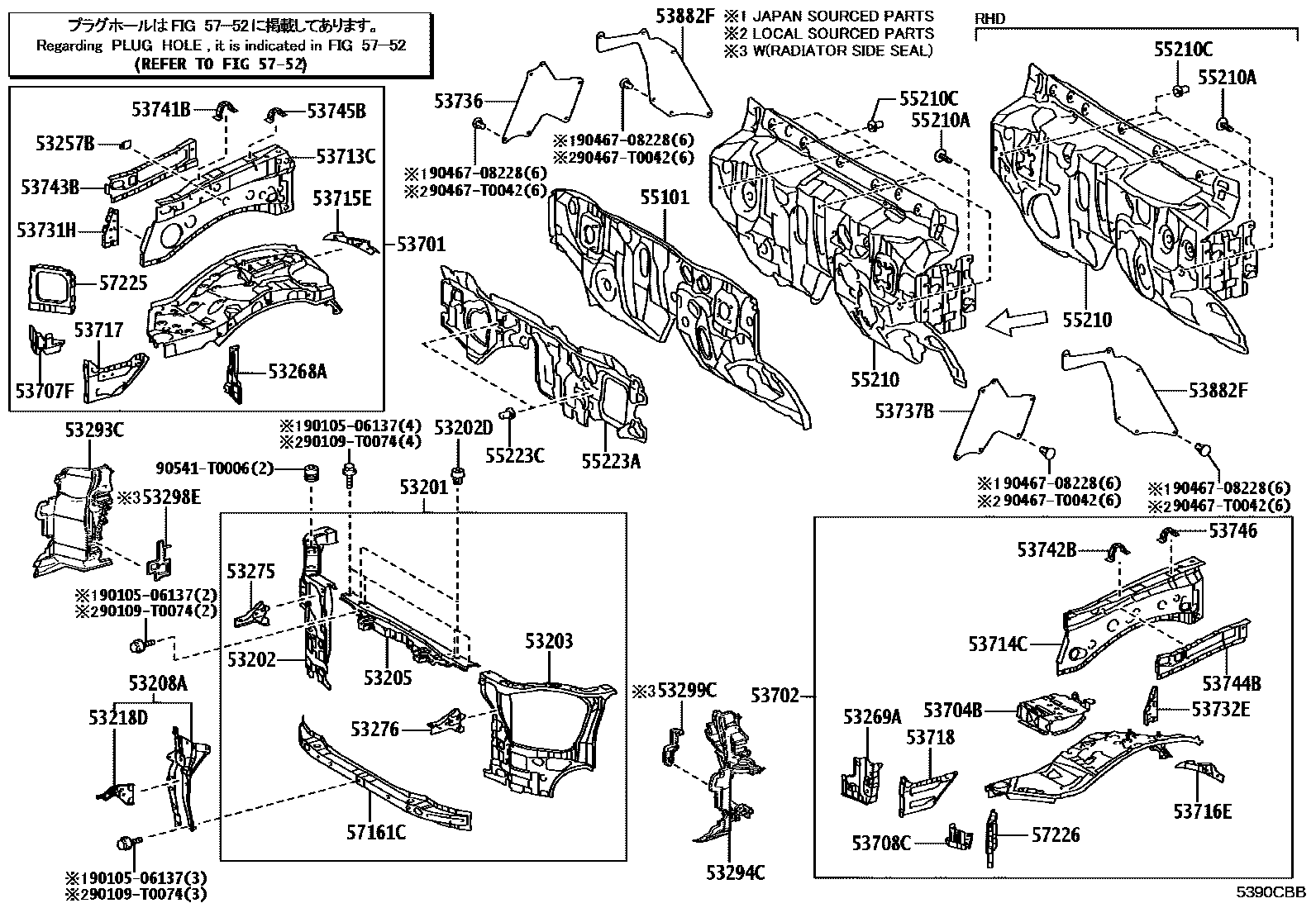 Toyota HILUX 前翼子板挡泥板和前围板 EPC diagram — 5390CBB