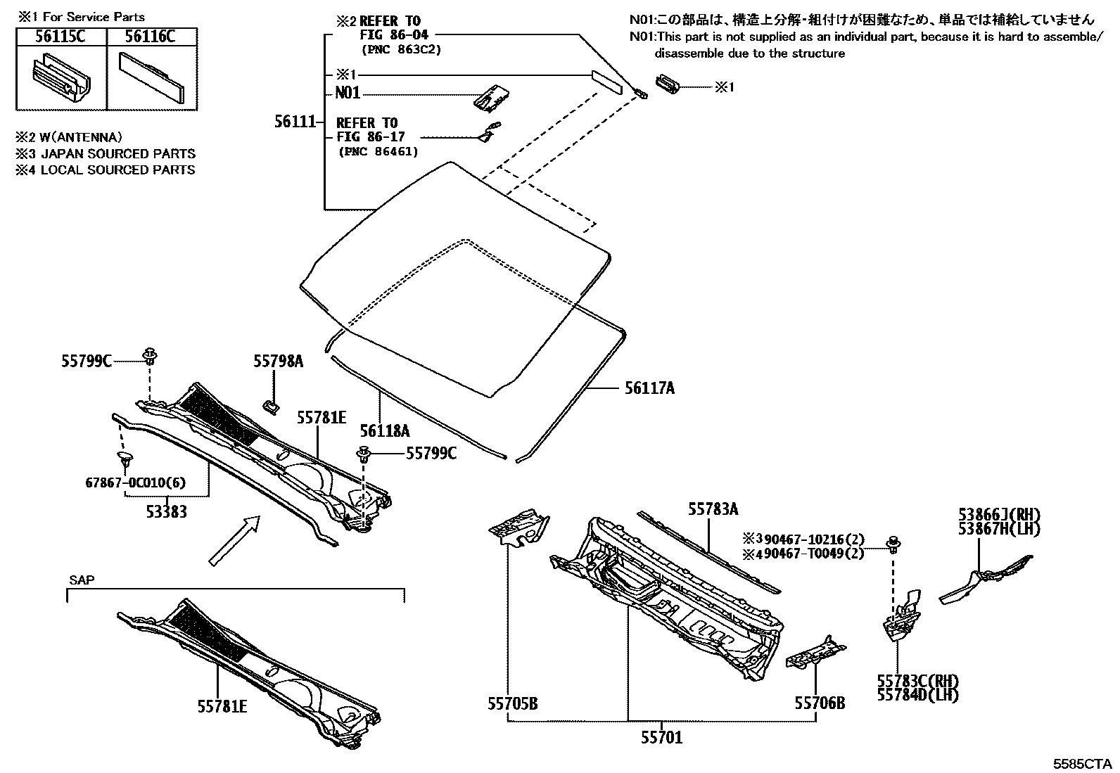 Toyota HILUX 前围板和挡风玻璃 EPC diagram — 5585CTA