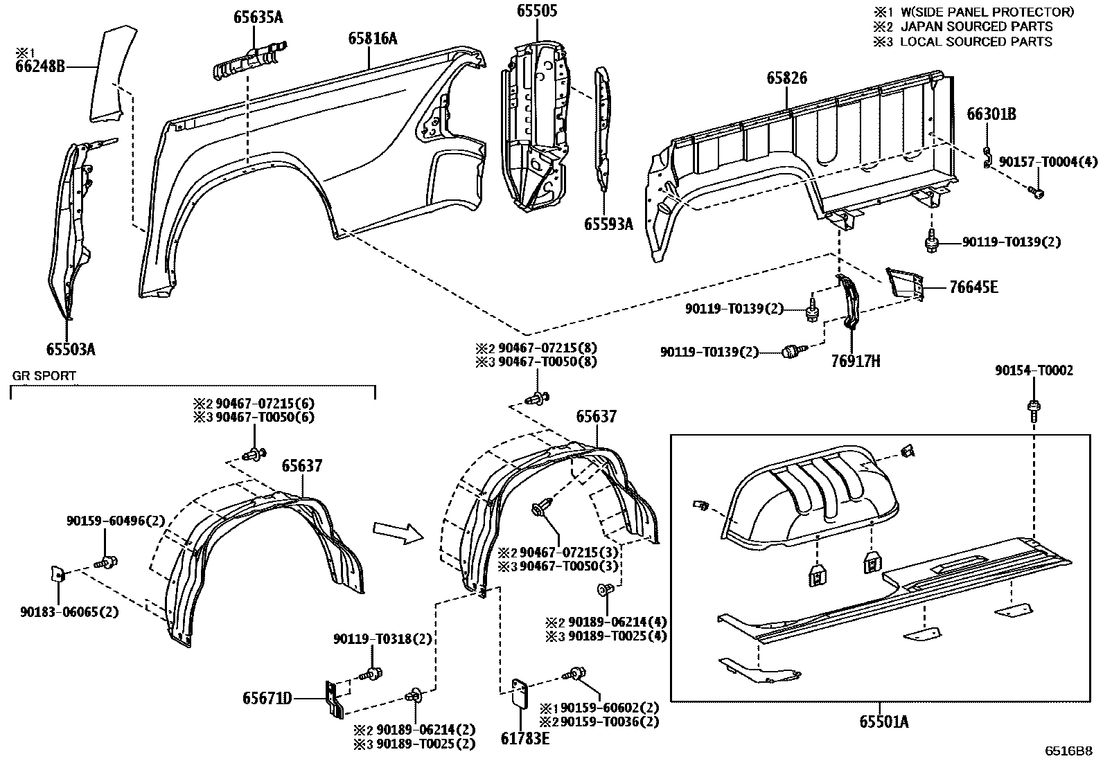 Toyota HILUX 后车身侧面板 EPC diagram — 6516B8