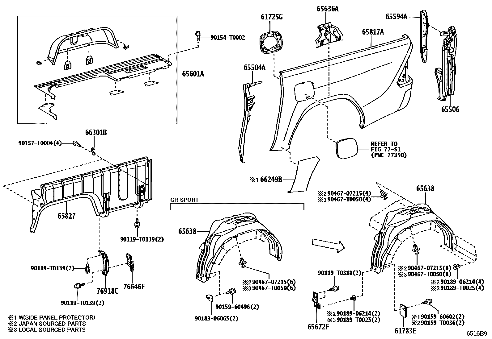 Toyota HILUX 后车身侧面板 EPC diagram — 6516B9