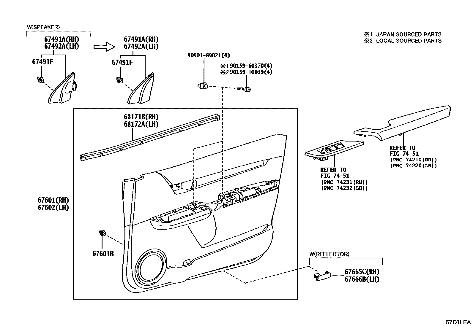 Toyota HILUX 前门板和前门玻璃 EPC diagram — 67D1LEA