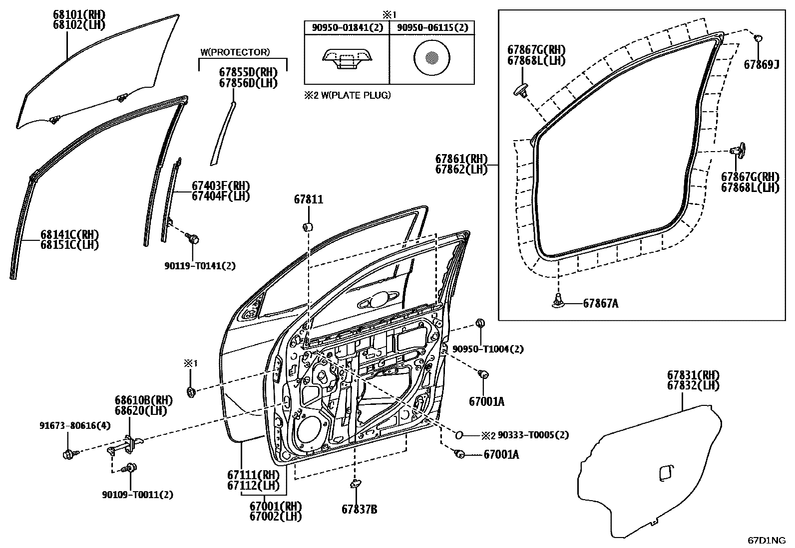 Toyota HILUX 前门板和前门玻璃 EPC diagram — 67D1NG